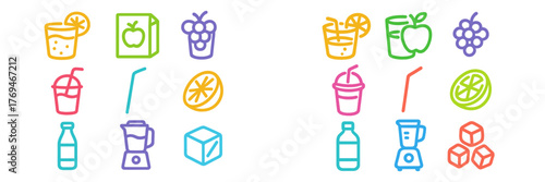Colorful collection of drink icons representing various beverages and ingredients in a fun and lively design