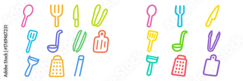 Kitchen tools and utensils illustrated in bright colors creating an engaging and lively culinary vibe