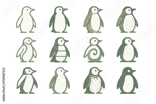 Cute cartoon penguins presented in a grid with varied patterns and expressions illustrating playful designs and creativity