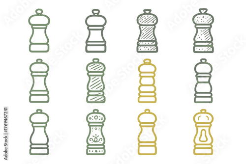 Different styles of salt and pepper shakers in simple line art design on a neutral background