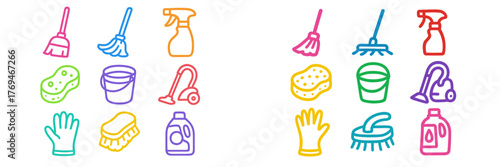 Colorful cleaning tools and supplies arranged in a neat pattern on a white background for home maintenance tasks