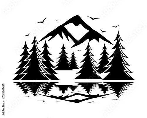 Monochrome landscape with trees and a mountain on a white background.