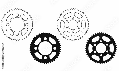 mechanical sprockets or sprocket wheel or chainwheel or gear wheels icon set outline and silhouette.for machinery, engineering, bike parts, and industrial design.