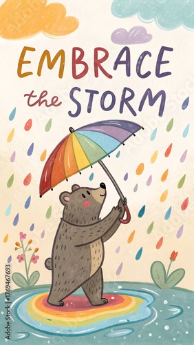 Cute Cartoon Bear Holding Rainbow Umbrella in the Rain