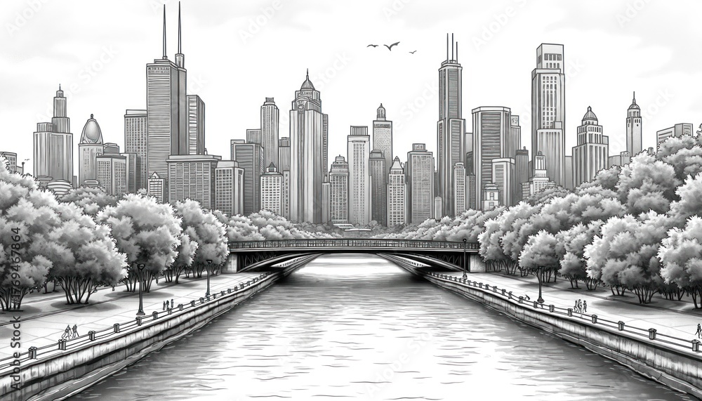Fototapeta premium Monochrome line art illustration of Chicago cityscape with river, bridge. Tall buildings rise above green trees lining waterfront park pathway. Pedestrians walk along riverbank promenade under cloudy