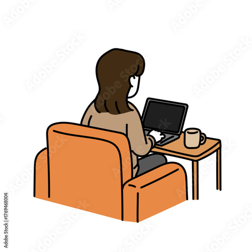 自宅でパソコンをする女性の後ろ姿のイラスト