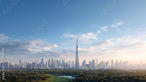 A stunning cityscape with a prominent skyscraper, juxtaposed with lush greenery and a clear blue sky. Represents urban development, ambition, and modern architecture.