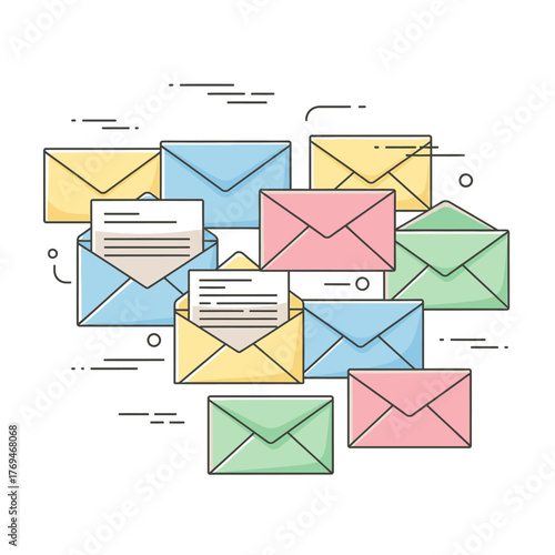 A modern vector illustration of colorful mail envelopes in a flat line art style, symbolizing digital messaging, newsletters, and online correspondence