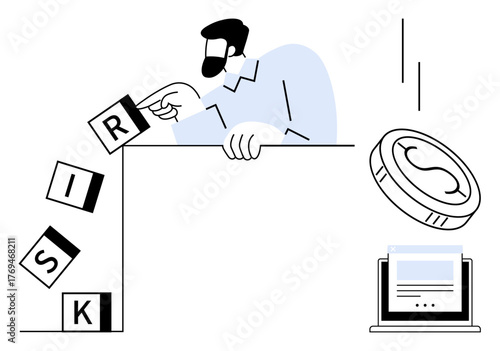 Man arranging blocks spelling risk near falling coin and open laptop. Ideal for finance, decision-making, investment, problem-solving, risk management, strategy, and economic concepts. Simple flat