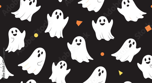 A playful seamless pattern of friendly white cartoon ghosts and scattered confetti creates a charming and spooky Halloween backdrop.
