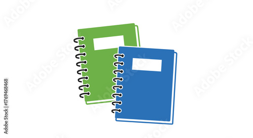 Simple illustration of two spiral notebooks, one green and one blue, featuring blank cover labels, perfect for education or office themes.