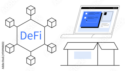 Blockchain network with linked nodes labeled DeFi, laptop screen interface, and open box. Ideal for finance, innovation, technology, blockchain, e-commerce decentralization online trends. Simple