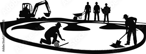 Silhouette vector illustration of workers landscaping outdoor area with turf, shovel, wheelbarrow, excavator, teamwork, safety, construction, gardening, and industry