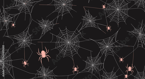 A spooky seamless pattern featuring delicate white spiderwebs and crawling or hanging pink spiders on a dark black background, ideal for Halloween decorations.
