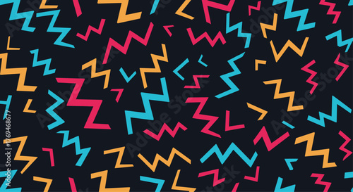 Vibrant abstract seamless pattern featuring colorful zig-zag elements in a retro 80s or 90s style on a dark background.