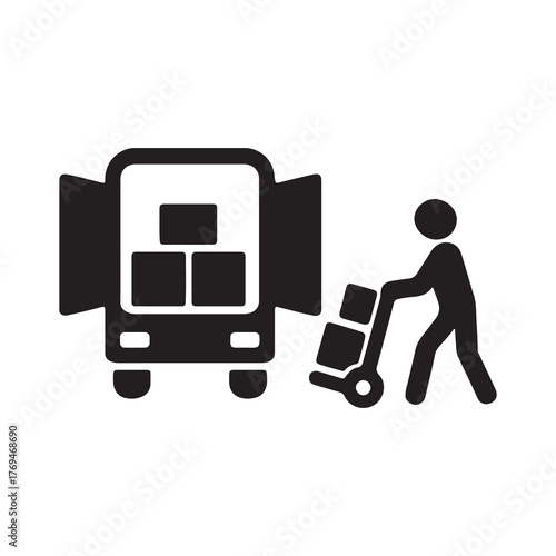 Logistics and delivery worker loading cargo boxes into the back of an open truck