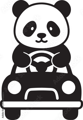 Baby giant panda driving a car silhouette fun illustration