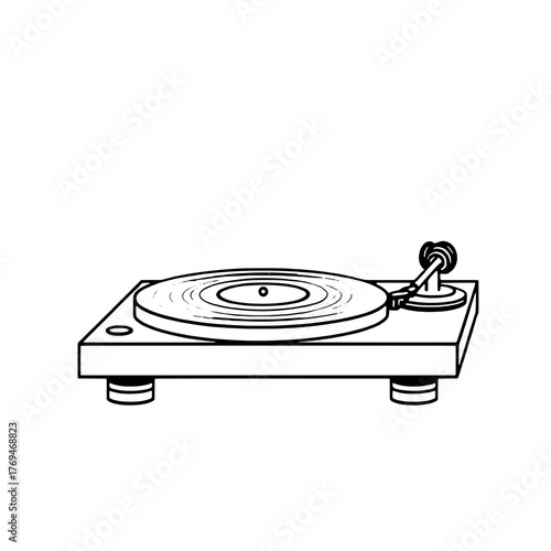 Detailed Black Outline Turntable Icon with Vinyl Record and Tonearm, Minimalist Design