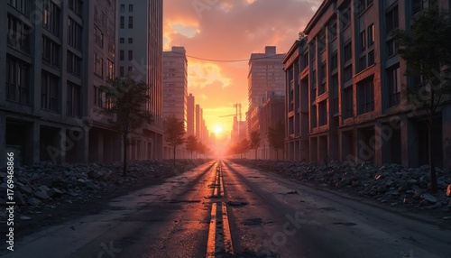 Empty post-apocalyptic city street at sunset. Ruined tall buildings stand along cracked road with debris piles. Bright orange sun illuminates desolate urban landscape, showing world after disaster.