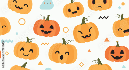 A delightful seamless pattern featuring adorable cartoon Halloween pumpkins with various facial expressions, perfect for autumn and holiday designs.