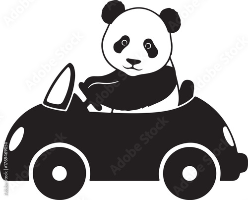 Baby giant panda driving a car silhouette