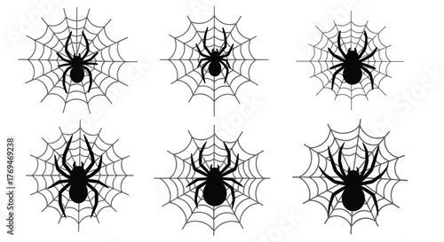 A decorative pattern of six black spiders sitting on their intricate circular webs, perfect for spooky Halloween designs or backgrounds.