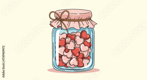 A delightful illustration of a glass jar filled with pink and red heart-shaped candies, sealed with a ruffled fabric lid and a rustic bow.