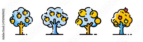 Vibrant stylized fruit trees vector collection fresh produce illustrations scalable art eps icons