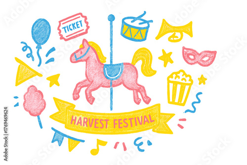 Colorful harvest festival invitation featuring a carousel horse and various festive elements