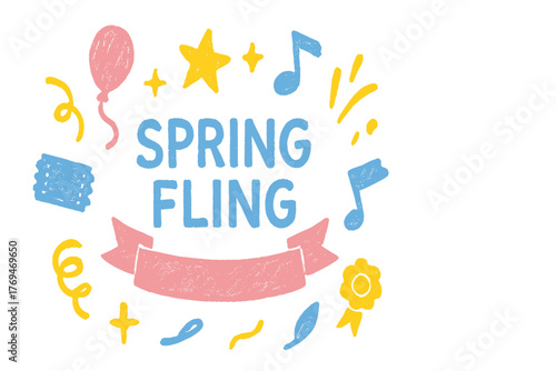 Colorful spring fling celebration with balloons, stars, and music notes in a cheerful design