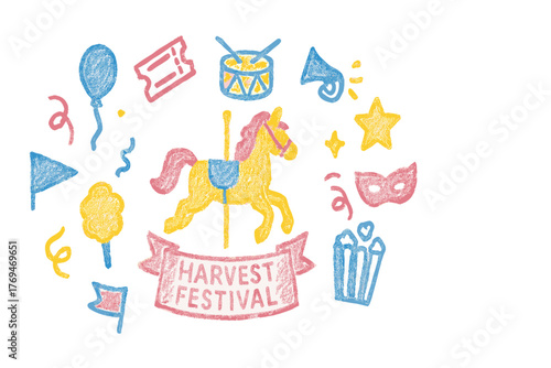 Colorful decorations celebrating a harvest festival with various fun activities and attractions for all ages