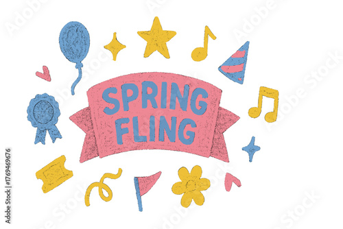 Spring fling celebration banner featuring colorful decorations and fun shapes