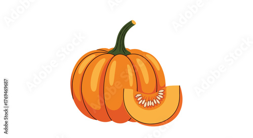 A vibrant orange pumpkin sits beside a freshly cut slice, revealing its seeds and rich, healthy flesh.