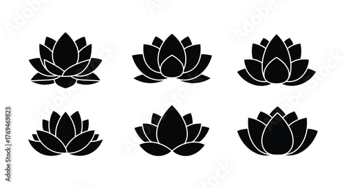 A set of six black silhouette lotus flower icons, illustrating various designs of the sacred and symbolic bloom.