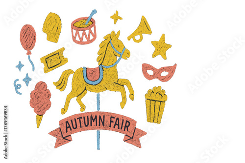 Colorful autumn fair design featuring a carousel horse, balloons, and festive icons for a fun celebration