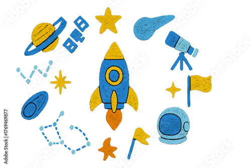 Space-themed doodles featuring a rocket, planets, and stars in bright colors