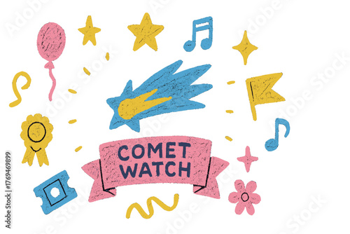 Comet watch event with colorful decorations and festive elements for an exciting night of stargazing