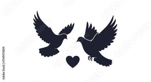 A pair of elegant dove silhouettes with outstretched wings flying towards a dark heart shape, symbolizing peace, love, and unity.