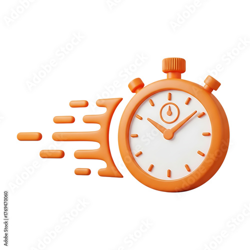 Orange stopwatch with motion blur streaks indicating speed and fast time isolated on transparent background