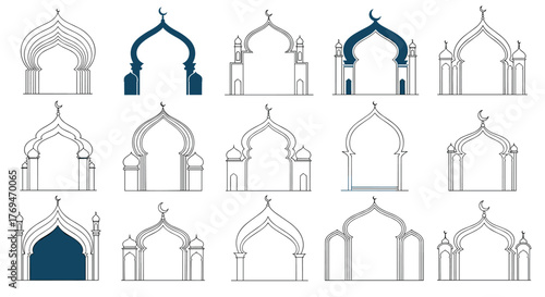 A collection of diverse Islamic arch designs, featuring traditional and modern mosque entrance elements with crescent moon symbols.