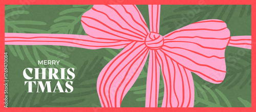 Hand drawn horizontal background of Merry Christmas and Happy New Year. Vintage concept template with gift bow, Christmas tree branch, texture. Modern design for banner, cover, print, invitation, card