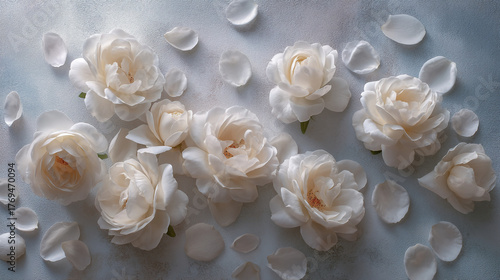 Wallpaper Mural Arrangement of white roses and petals scattered on a textured light blue surface Torontodigital.ca
