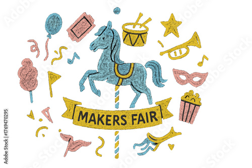 Makers fair celebration featuring fun activities and crafts in a vibrant atmosphere with a carousel horse design