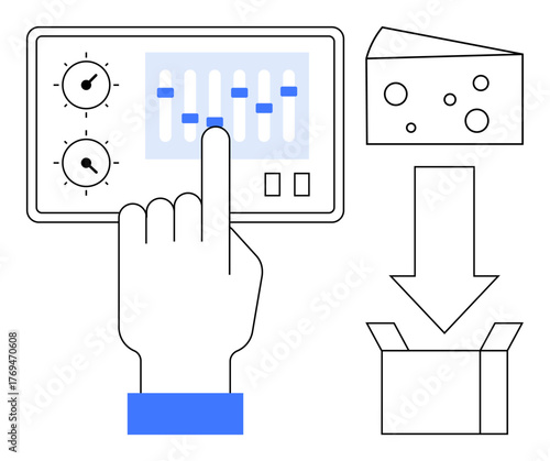 Hand interacting with touchscreen control panel, cheese representation, and packaging process arrow. Ideal for automation, production, technology, factory, food industry, efficiency simple flat