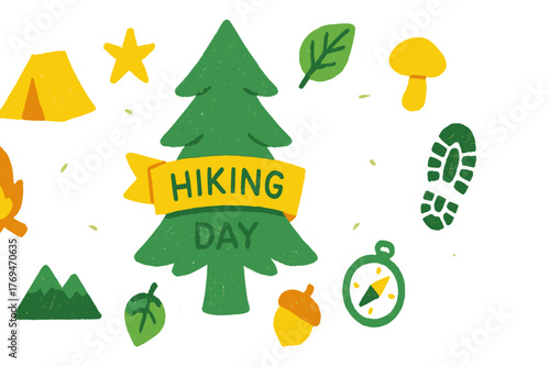 Celebrate hiking day with fun illustrations of nature, camping gear, and outdoor adventures in a colorful design