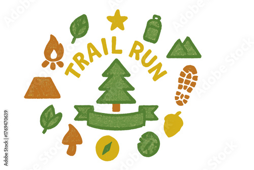 Colorful trail run design featuring nature elements like trees, mountains, and leaves, representing outdoor adventure and fitness