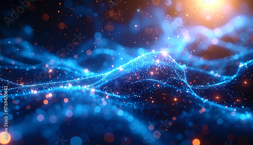 Celestial Symphony of Light: An abstract representation of the cosmos. Glowing particles dance, creating waves of light, with bursts of radiant energy, evokes the mysteries of space. 