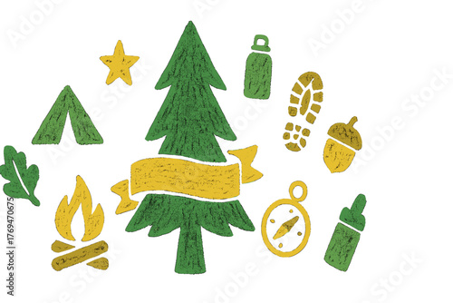 Nature-themed illustrations featuring camping elements and a Christmas tree set in a cozy outdoor scene