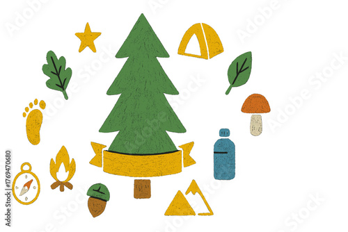 Outdoor adventure illustration featuring camping, nature elements, and exploration symbols for a fun experience