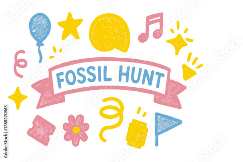 Kids enjoy a fun fossil hunt with colorful decorations and activities in a lively outdoor setting